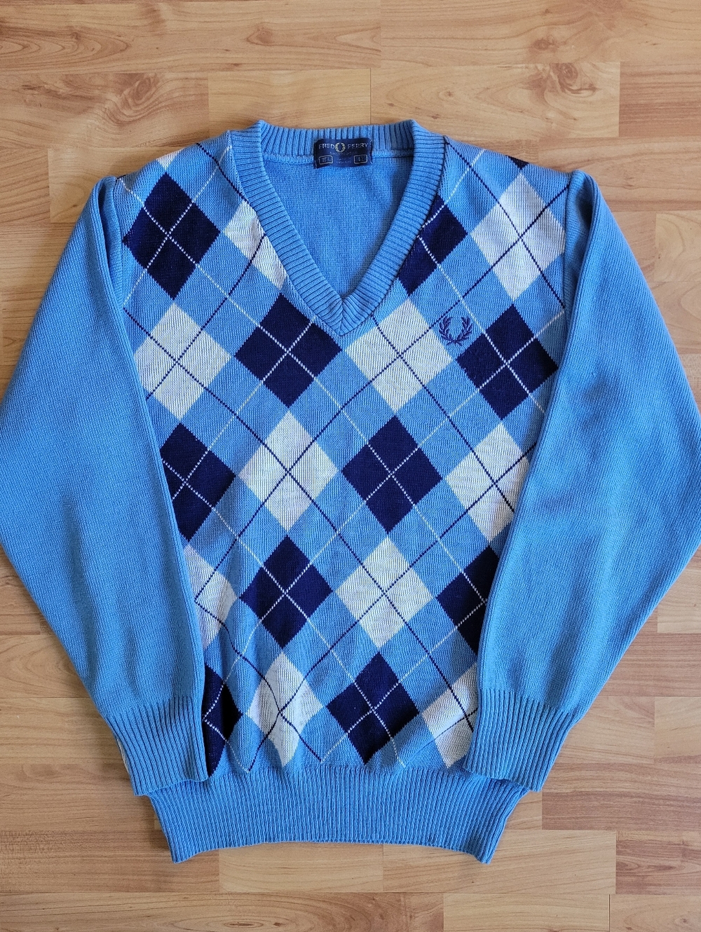 Fred Perry Argyle V-Neck Light Baby Blue Sweater, Made In England, Large